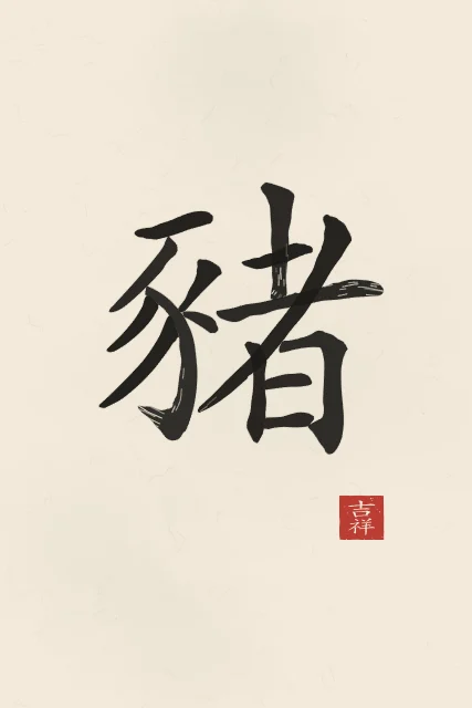 Signe du Cochon à l'encre, papier xuan, tableau signe chinois cochon