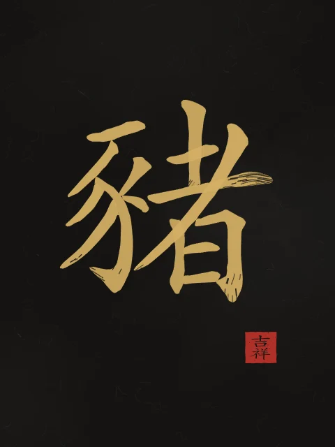 Signe du Cochon à l'encre, encre d’or, tableau signe chinois cochon