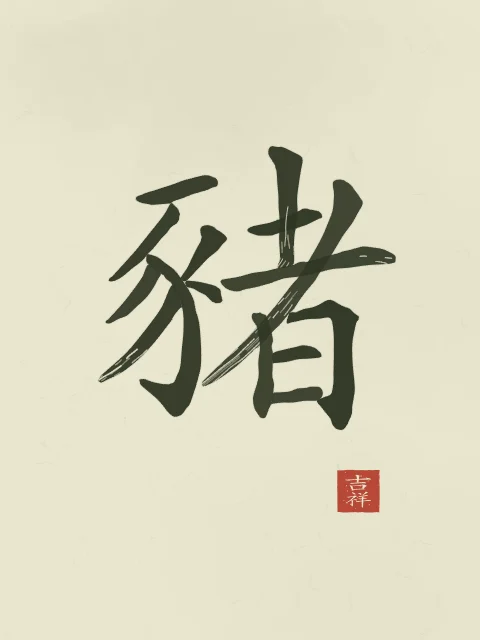 Signe du Cochon à l'encre, thé vert, tableau signe chinois cochon