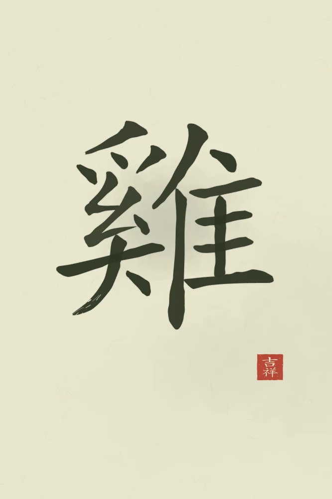 Signe du Coq à l'encre, thé vert : 雞 (jī), Coq