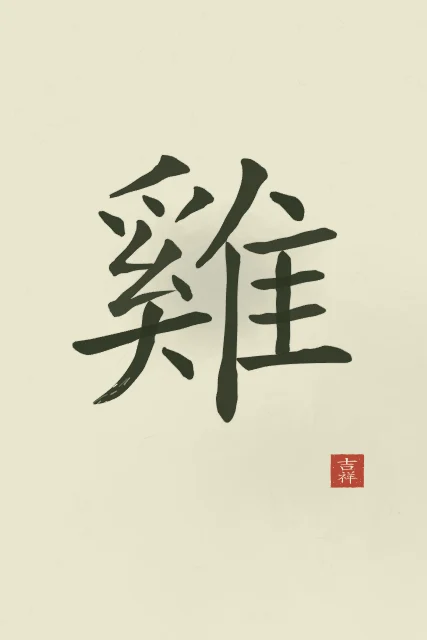 Signe du Coq à l'encre, thé vert, tableau signe chinois coq