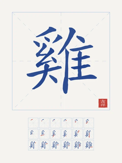 Signe du Coq et son ordre des traits, porcelaine bleue, tableau signe chinois coq