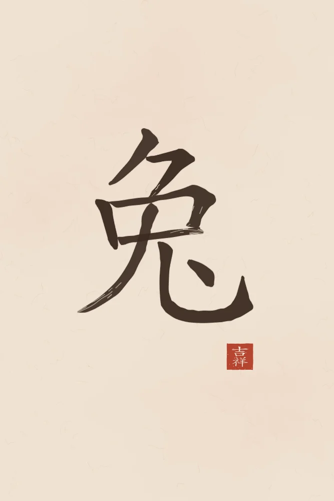 Signe du Lapin à l'encre, terre cuite : 兔 (tù), Lapin