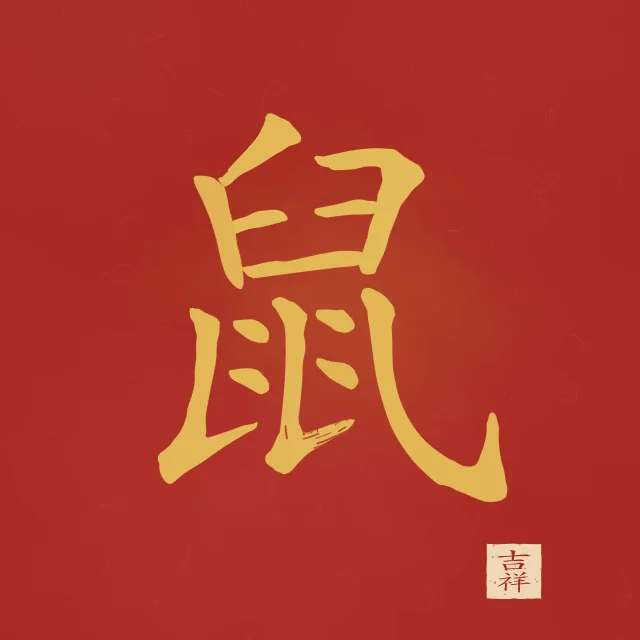 Signe du Rat à l'encre, laque rouge, tableau signe chinois rat