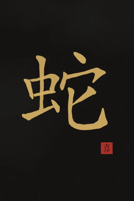 Signe du Serpent à l'encre, encre d’or, tableau signe chinois serpent