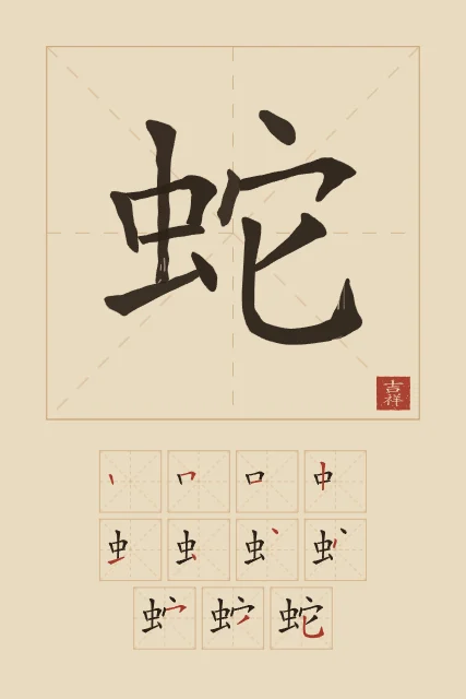 Signe du Serpent et son ordre des traits, sable ocre, tableau signe chinois serpent