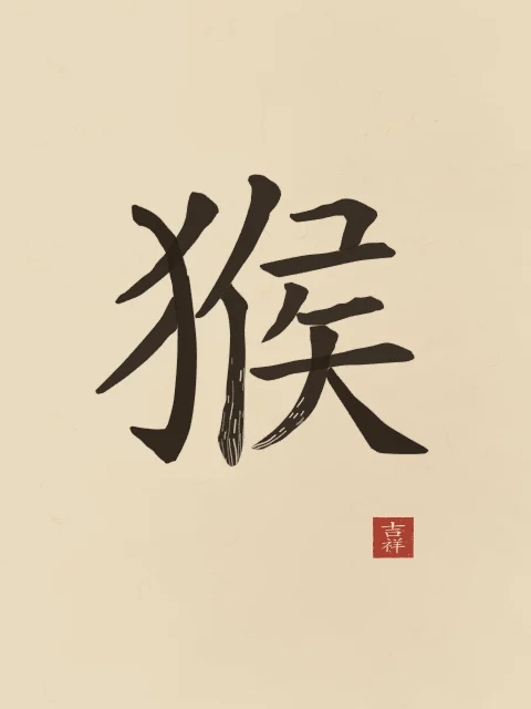 Signe du Singe à l'encre, sable ocre, tableau signe chinois singe