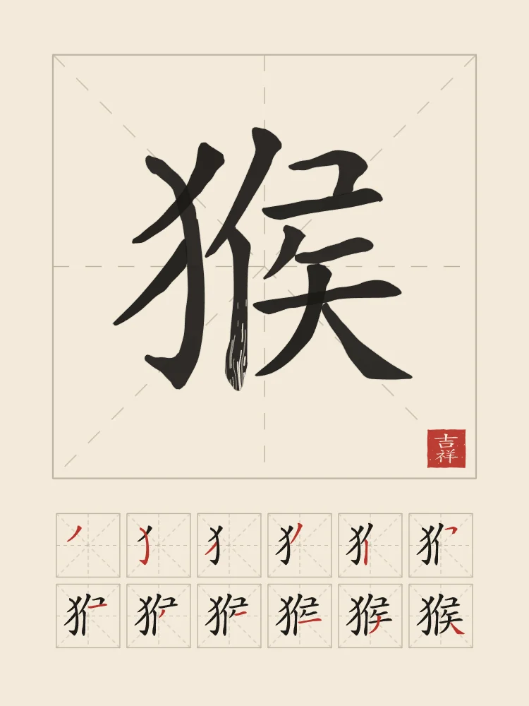 Signe du Singe et son ordre des traits, papier xuan : 猴 (hóu), Singe