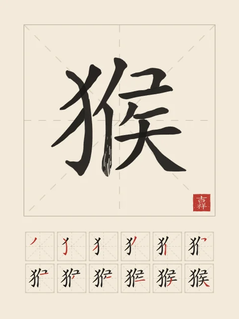 Signe du Singe et son ordre des traits, papier xuan, tableau signe chinois singe