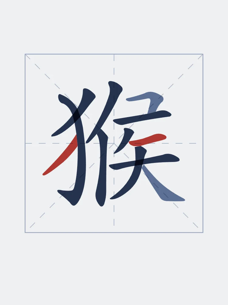 Signe du Singe en aplats, indigo : 猴 (hóu), Singe