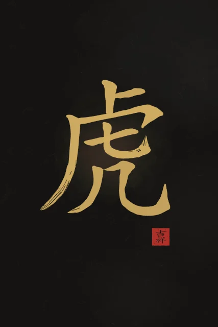 Signe du Tigre à l'encre, encre d’or, tableau signe chinois tigre