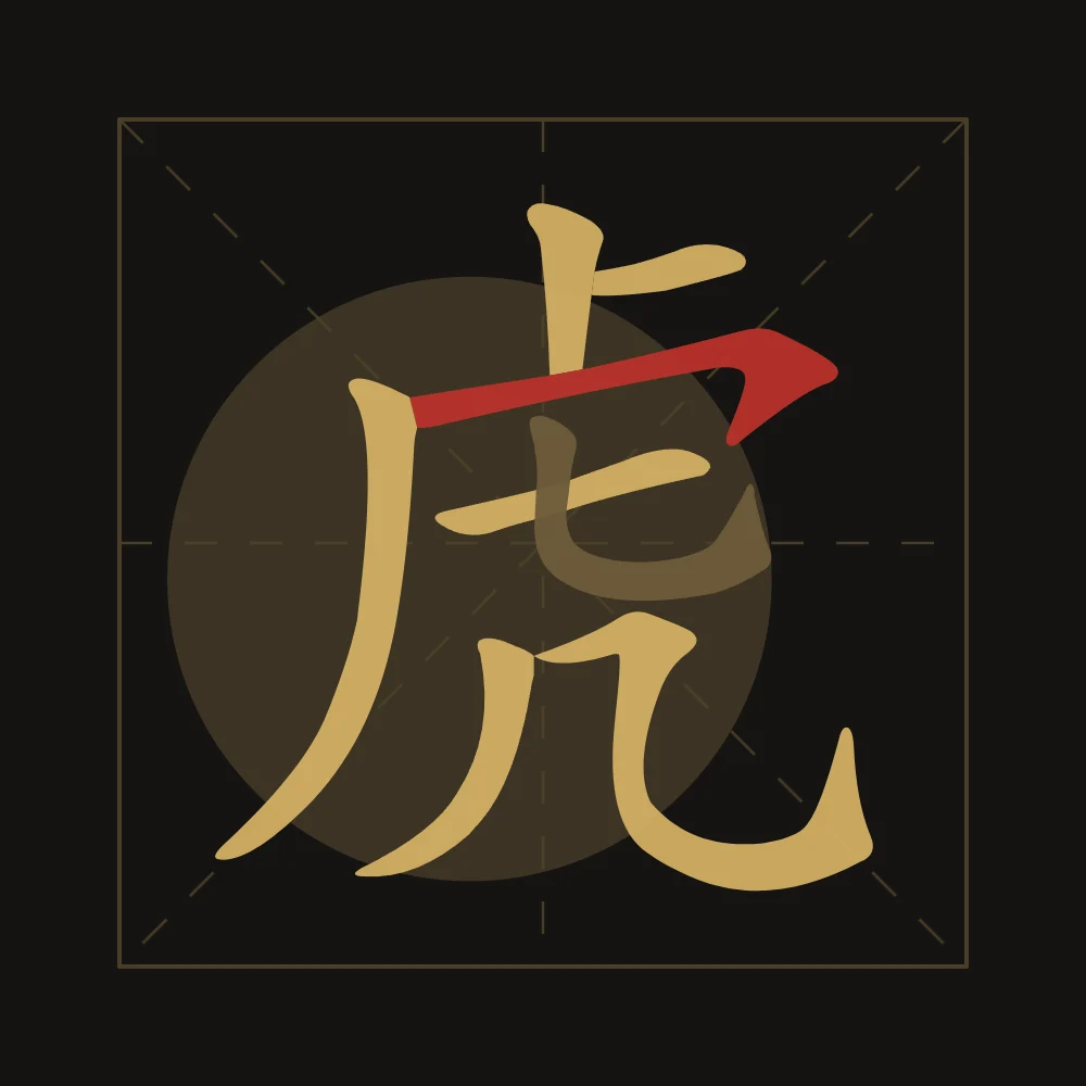 Signe du Tigre en aplats, encre d’or : 虎 (hǔ), Tigre
