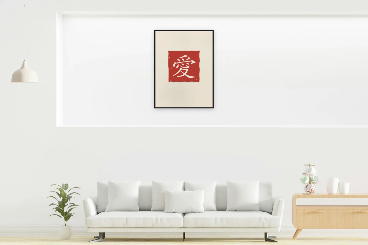 Amour en sceau, papier xuan. Photo d'illustration : Affiche encadrée noir dans la niche éclairée d'un salon blanc, œuvre en 60 × 80 cm, à l'échelle. Photo de la pièce : dada design (Unsplash).