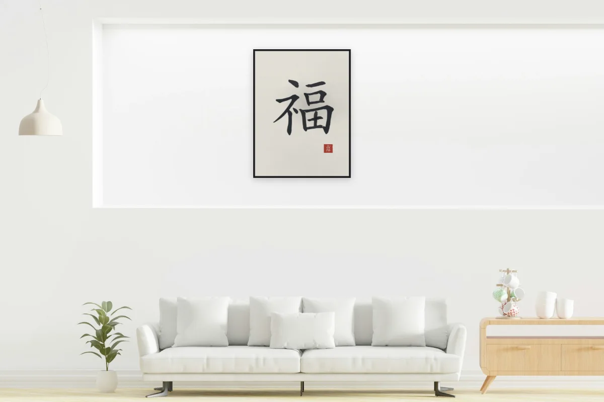 Bonheur à l'encre, riz gris. Photo d'illustration : Affiche encadrée noir dans la niche éclairée d'un salon blanc, œuvre en 60 × 80 cm, à l'échelle. Photo de la pièce : dada design (Unsplash).