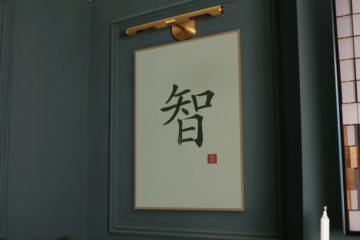 Sagesse à l'encre, thé vert. Photo d'illustration : Affiche encadrée chêne sous une lampe de tableau, mur vert profond, œuvre en 60 × 90 cm, à l'échelle. Photo de la pièce : Paul Yarnell (Unsplash).