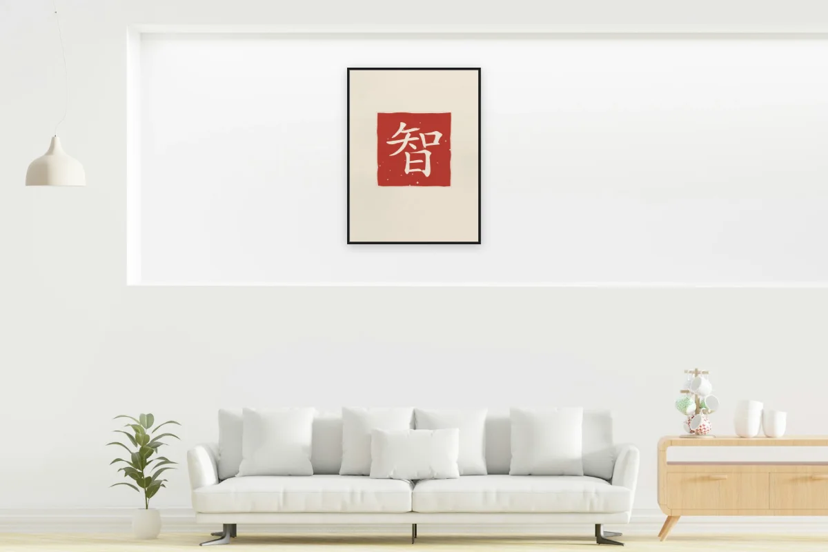 Sagesse en sceau, papier xuan. Photo d'illustration : Affiche encadrée noir dans la niche éclairée d'un salon blanc, œuvre en 60 × 80 cm, à l'échelle. Photo de la pièce : dada design (Unsplash).