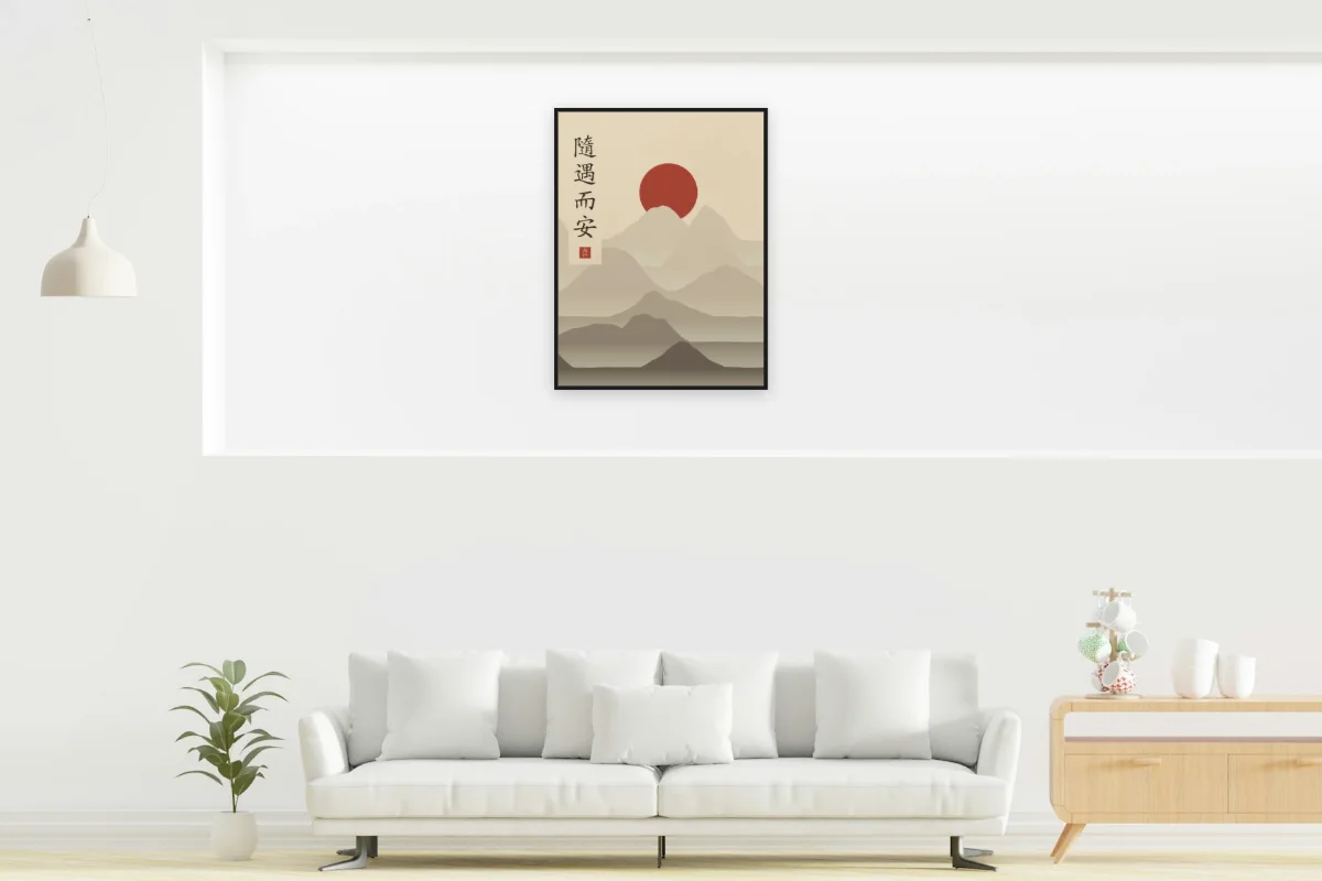 Être bien partout sous la lune, sable ocre. Photo d'illustration : Affiche encadrée noir dans la niche éclairée d'un salon blanc, œuvre en 60 × 80 cm, à l'échelle. Photo de la pièce : dada design (Unsplash).