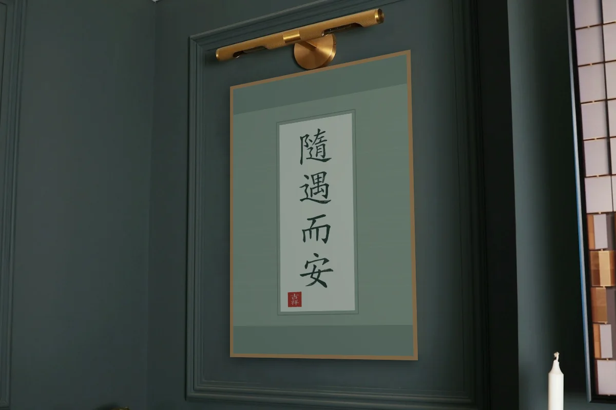 Être bien partout en rouleau, jade. Photo d'illustration : Affiche encadrée chêne sous une lampe de tableau, mur vert profond, œuvre en 60 × 90 cm, à l'échelle. Photo de la pièce : Paul Yarnell (Unsplash).