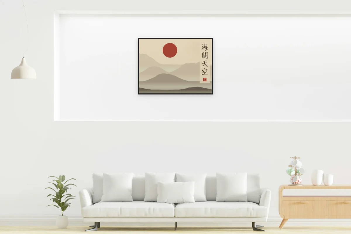 Mer immense, ciel sans limite sous la lune, sable ocre. Photo d'illustration : Affiche encadrée noir dans la niche éclairée d'un salon blanc, œuvre en 80 × 60 cm, à l'échelle. Photo de la pièce : dada design (Unsplash).