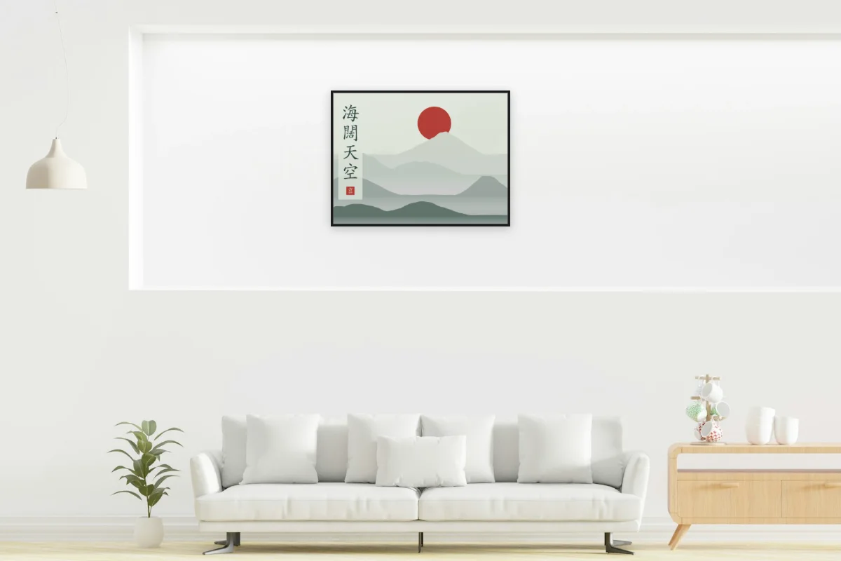 Mer immense, ciel sans limite sous la lune, jade. Photo d'illustration : Affiche encadrée noir dans la niche éclairée d'un salon blanc, œuvre en 80 × 60 cm, à l'échelle. Photo de la pièce : dada design (Unsplash).