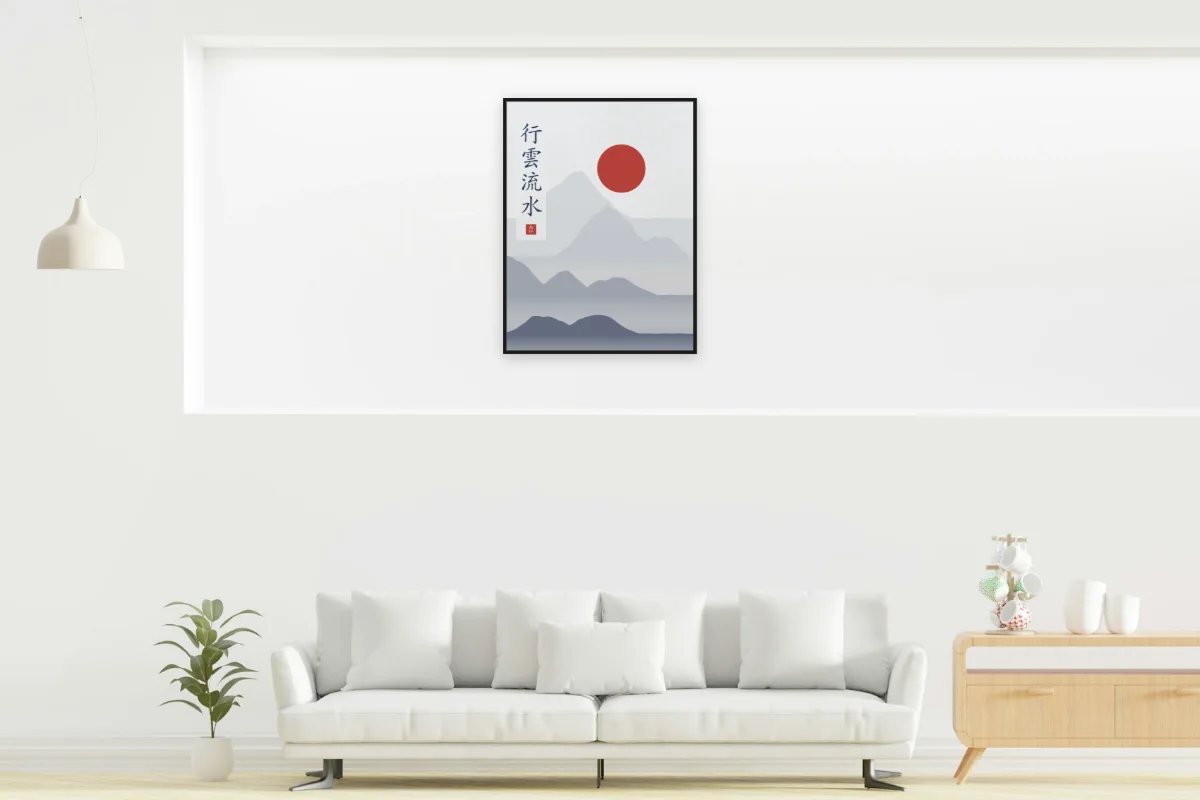 Nuages et eau qui coule sous la lune, indigo. Photo d'illustration : Affiche encadrée noir dans la niche éclairée d'un salon blanc, œuvre en 60 × 80 cm, à l'échelle. Photo de la pièce : dada design (Unsplash).
