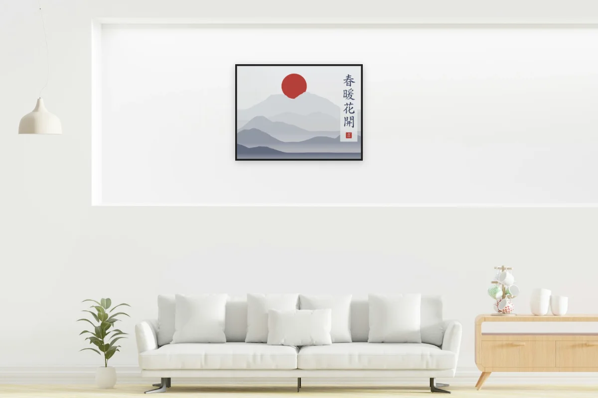 Printemps doux, fleurs écloses sous la lune, indigo. Photo d'illustration : Affiche encadrée noir dans la niche éclairée d'un salon blanc, œuvre en 80 × 60 cm, à l'échelle. Photo de la pièce : dada design (Unsplash).