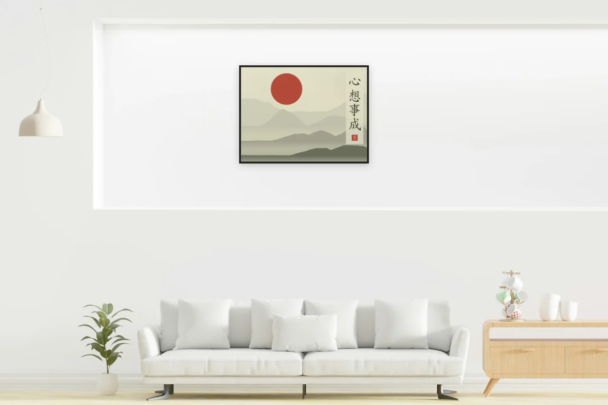Que vos souhaits se réalisent sous la lune, thé vert. Photo d'illustration : Affiche encadrée noir dans la niche éclairée d'un salon blanc, œuvre en 80 × 60 cm, à l'échelle. Photo de la pièce : dada design (Unsplash).