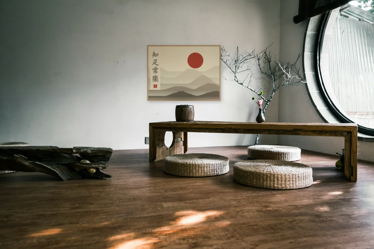 Savoir se contenter sous la lune, sable ocre : affiche encadrée chêne au-dessus d'une table basse japandi