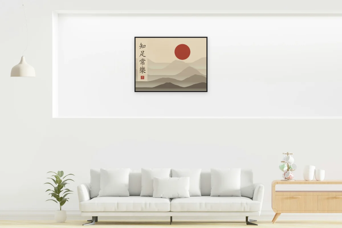 Savoir se contenter sous la lune, sable ocre. Photo d'illustration : Affiche encadrée noir dans la niche éclairée d'un salon blanc, œuvre en 80 × 60 cm, à l'échelle. Photo de la pièce : dada design (Unsplash).