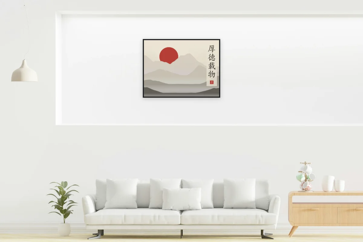 Une vertu profonde sous la lune, papier xuan. Photo d'illustration : Affiche encadrée noir dans la niche éclairée d'un salon blanc, œuvre en 80 × 60 cm, à l'échelle. Photo de la pièce : dada design (Unsplash).