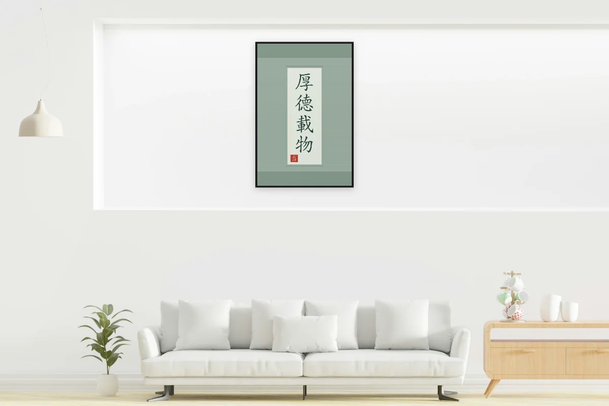 Une vertu profonde en rouleau, jade. Photo d'illustration : Affiche encadrée noir dans la niche éclairée d'un salon blanc, œuvre en 60 × 90 cm, à l'échelle. Photo de la pièce : dada design (Unsplash).
