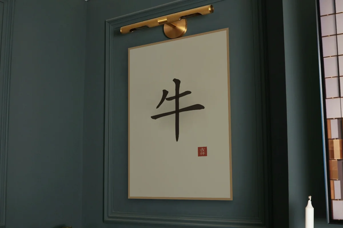 Signe du Buffle à l'encre, sable ocre. Photo d'illustration : Affiche encadrée chêne sous une lampe de tableau, mur vert profond, œuvre en 60 × 90 cm, à l'échelle. Photo de la pièce : Paul Yarnell (Unsplash).
