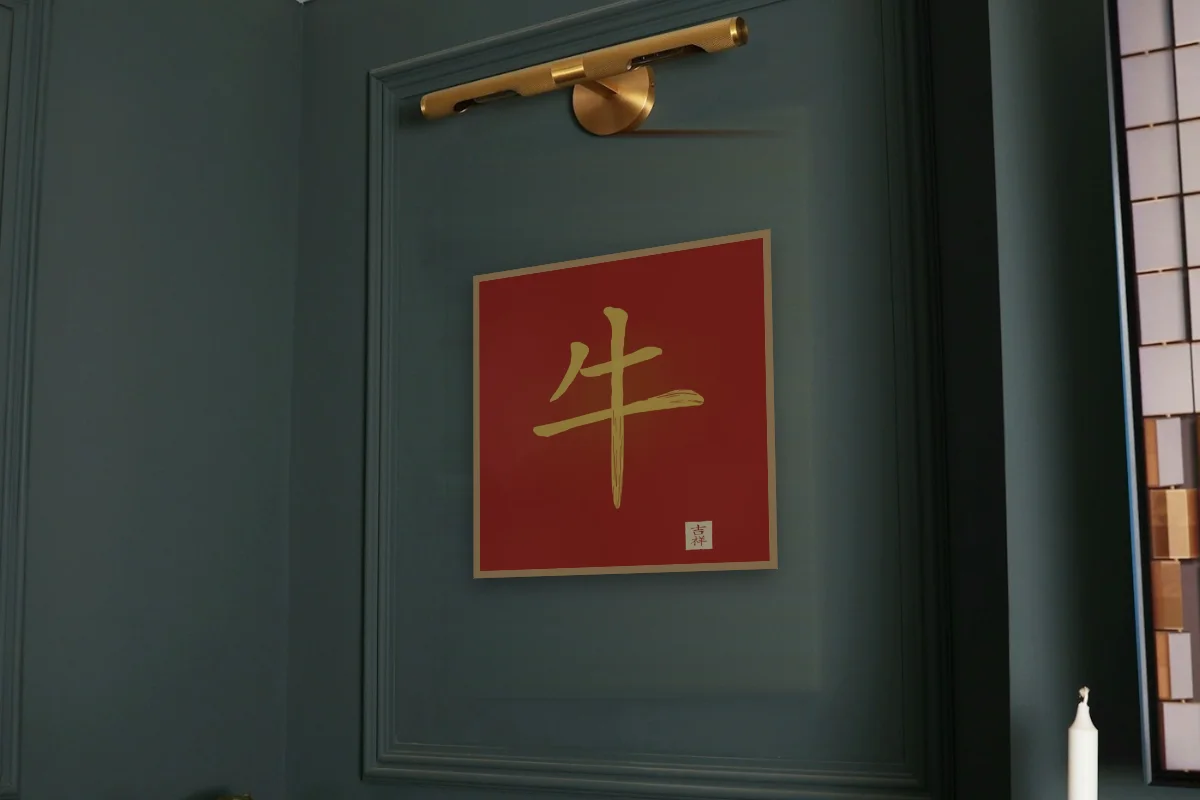 Signe du Buffle à l'encre, laque rouge. Photo d'illustration : Affiche encadrée chêne sous une lampe de tableau, mur vert profond, œuvre en 50 × 50 cm, à l'échelle. Photo de la pièce : Paul Yarnell (Unsplash).