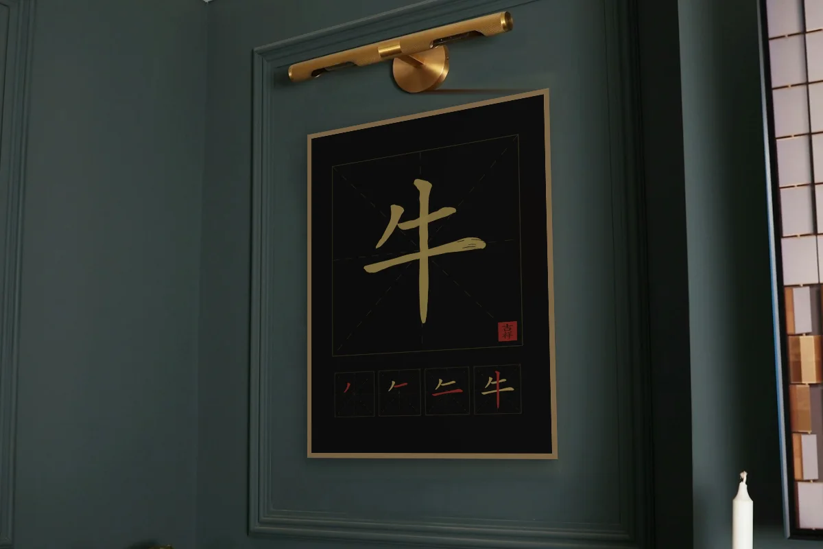 Signe du Buffle et son ordre des traits, encre d’or. Photo d'illustration : Affiche encadrée chêne sous une lampe de tableau, mur vert profond, œuvre en 60 × 80 cm, à l'échelle. Photo de la pièce : Paul Yarnell (Unsplash).