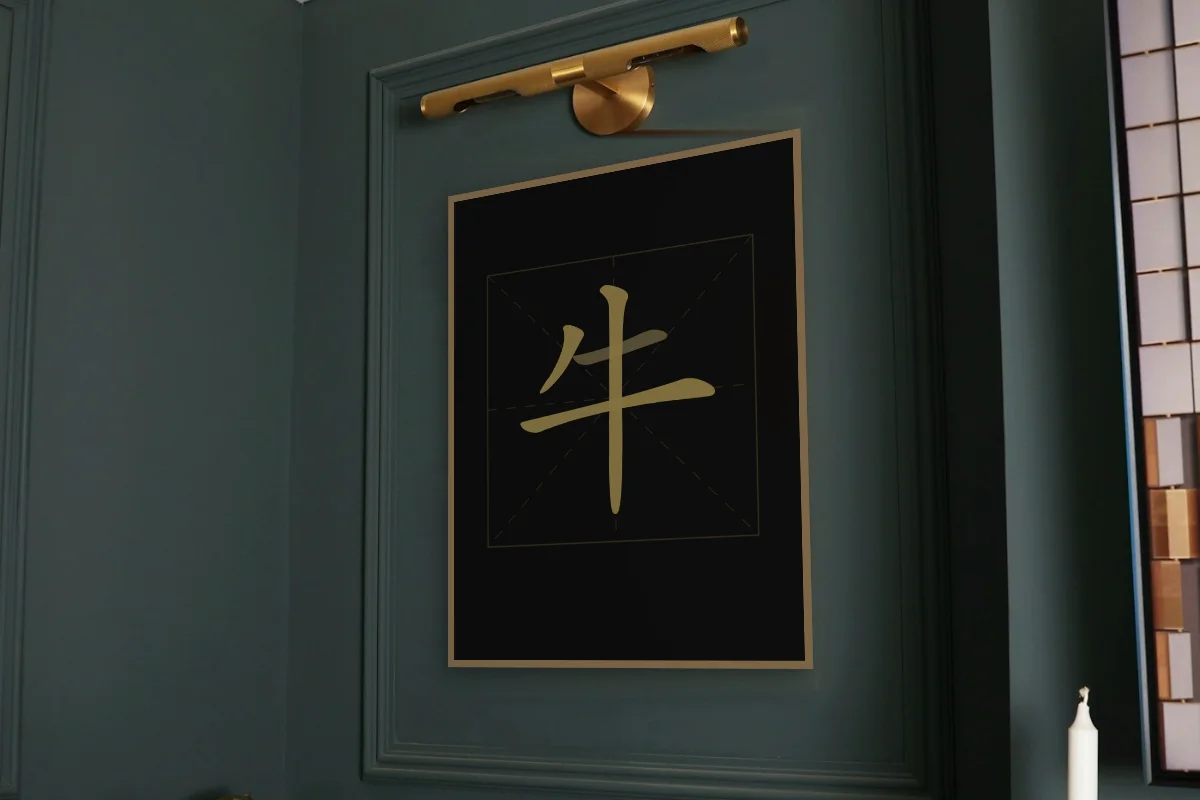 Signe du Buffle en aplats, encre d’or. Photo d'illustration : Affiche encadrée chêne sous une lampe de tableau, mur vert profond, œuvre en 60 × 80 cm, à l'échelle. Photo de la pièce : Paul Yarnell (Unsplash).