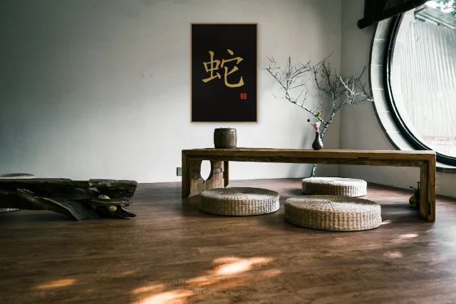 Signe du Serpent à l'encre, encre d’or : affiche encadrée chêne au-dessus d'une table basse japandi