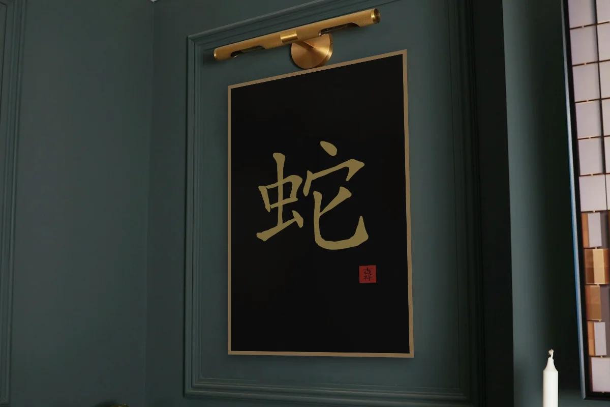 Signe du Serpent à l'encre, encre d’or. Photo d'illustration : Affiche encadrée chêne sous une lampe de tableau, mur vert profond, œuvre en 60 × 90 cm, à l'échelle. Photo de la pièce : Paul Yarnell (Unsplash).