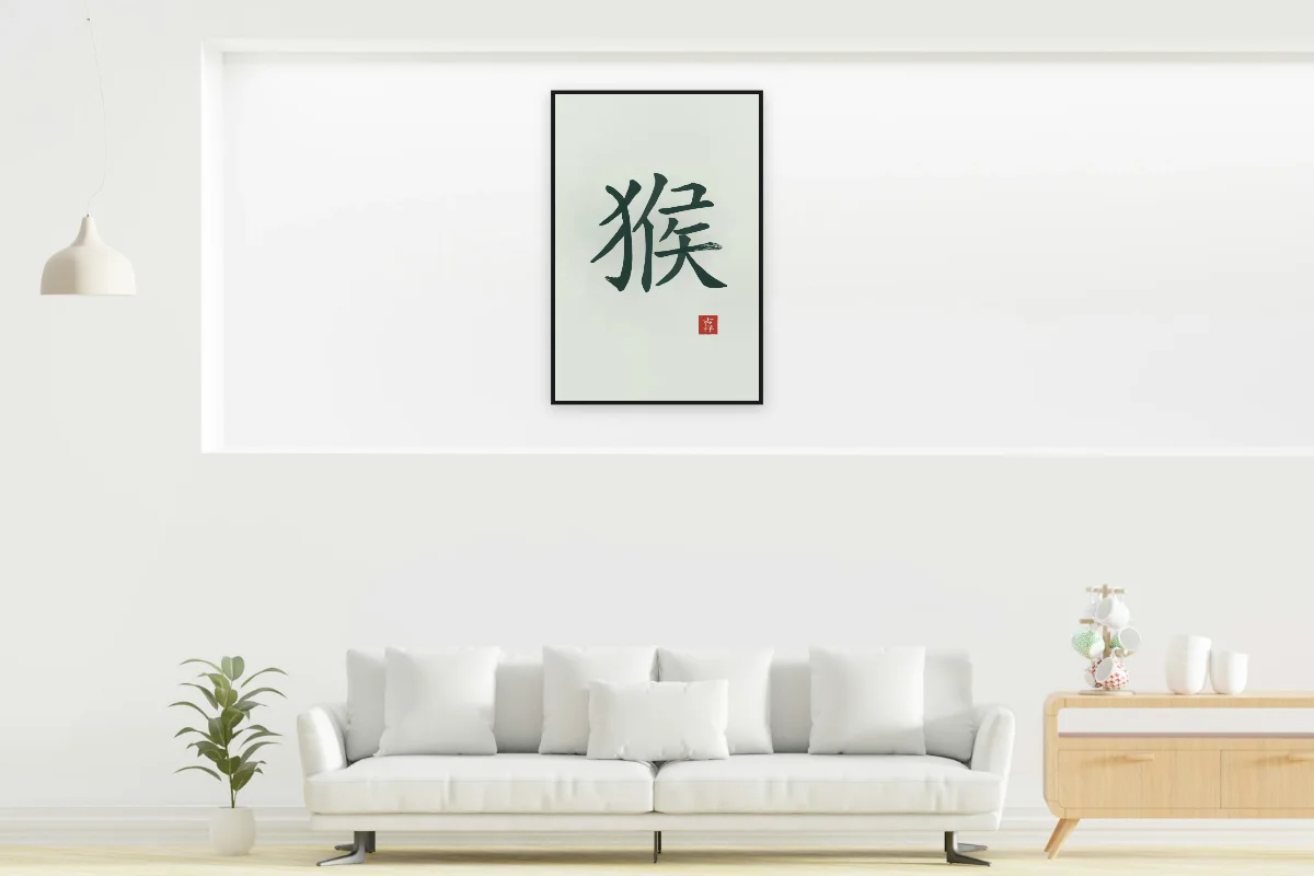 Signe du Singe à l'encre, jade. Photo d'illustration : Affiche encadrée noir dans la niche éclairée d'un salon blanc, œuvre en 60 × 90 cm, à l'échelle. Photo de la pièce : dada design (Unsplash).