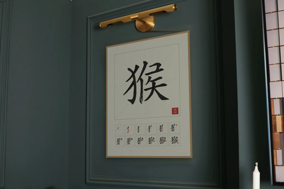 Signe du Singe et son ordre des traits, papier xuan. Photo d'illustration : Affiche encadrée chêne sous une lampe de tableau, mur vert profond, œuvre en 60 × 80 cm, à l'échelle. Photo de la pièce : Paul Yarnell (Unsplash).