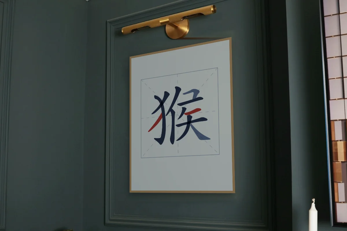 Signe du Singe en aplats, indigo. Photo d'illustration : Affiche encadrée chêne sous une lampe de tableau, mur vert profond, œuvre en 60 × 80 cm, à l'échelle. Photo de la pièce : Paul Yarnell (Unsplash).