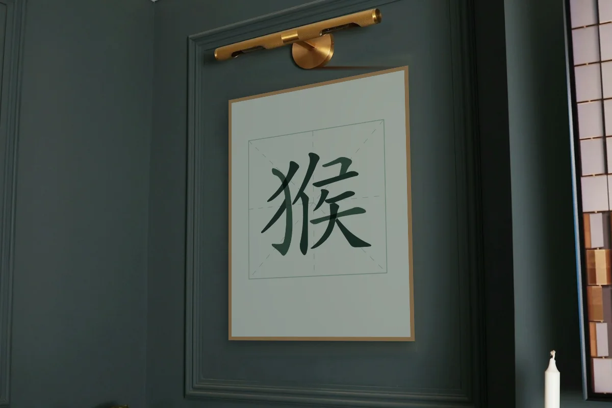 Signe du Singe en aplats, jade. Photo d'illustration : Affiche encadrée chêne sous une lampe de tableau, mur vert profond, œuvre en 60 × 80 cm, à l'échelle. Photo de la pièce : Paul Yarnell (Unsplash).